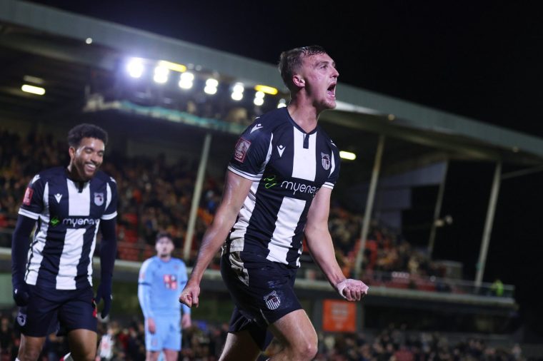 GRIMSBY, ENGLAND - NOVEMBER 14: Jamie Andrews of Grimsby Town celebrates after scoring the team's seventh goal during the Emirates FA Cup First Round Replay match between Grimsby Town and Slough Town at Blundell Park on November 14, 2023 in Grimsby, England. (Photo by George Wood/Getty Images)