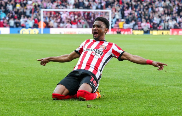 SUNDERLAND, ENGLAND - MAY 13: Sunderland's Amad Diallo celebrates scoring his side's equalising goal to make the score 1-1 during the Sky Bet Championship Play-Off Semi-Final First Leg match between Sunderland and Luton Town at Stadium of Light on May 13, 2023 in Sunderland, United Kingdom. (Photo by Alex Dodd - CameraSport via Getty Images)