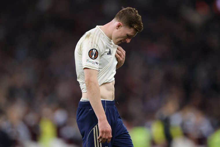 BIRMINGHAM, ENGLAND - MAY 07: Elliot Anderson of Nottingham Forest looks dejected after the UEFA Europa League 2025/26 Semi-Final Second Leg match between Aston Villa FC and Nottingham Forest FC at Villa Park on May 07, 2026 in Birmingham, England. (Photo by James Gill - Danehouse/Getty Images)