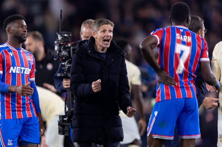 LONDON, ENGLAND - MAY 7: Oliver Glasner manager of Crystal Palace celebrates with Isma??la Sarr of Crystal Palace after their side's victory following the UEFA Europa Conference League match between Crystal Palace FC and FC Shakhtar Donetsk at Selhurst Park on May 7, 2026 in London, England. (Photo by Gaspafotos/MB Media/Getty Images)