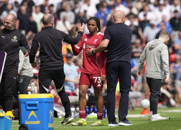 Liverpool manager Arne Slot with Rio Ngumoha after he is substituted on the touchline during the Premier League match at Anfield, Liverpool. Picture date: Saturday May 9, 2026. PA Photo. Photo credit should read: Peter Byrne/PA Wire. RESTRICTIONS: EDITORIAL USE ONLY No use with unauthorised audio, video, data, fixture lists, club/league logos or "live" services. Online in-match use limited to 120 images, no video emulation. No use in betting, games or single club/league/player publications.