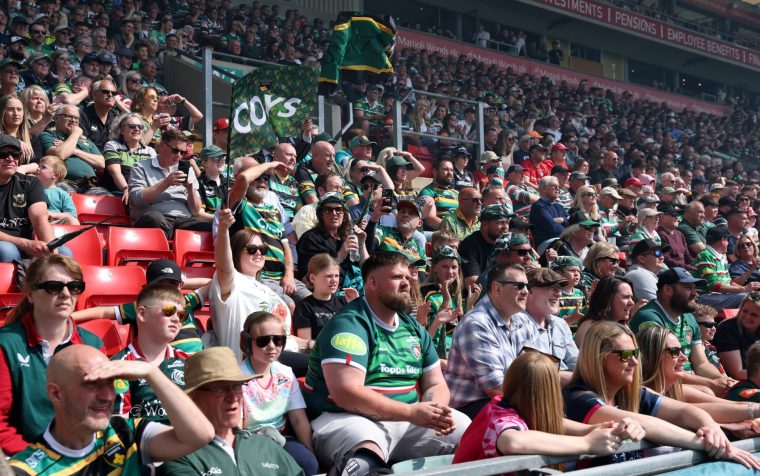 LEICESTER, ENGLAND - MAY 09: Supporters look on during the Gallagher PREM match between Leicester Tigers and Northampton Saints at Mattioli Woods Welford Road Stadium on May 09, 2026 in Leicester, England. (Photo by David Rogers/Getty Images)