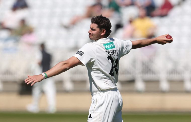 NOTTINGHAM, ENGLAND - APRIL 24: Josh Tongue of Nottinghamshire prepares to bowl during the Rothesay County Championship Division 1 match between Nottinghamshire and Warwickshire at Trent Bridge on April 24, 2026 in Nottingham, England. (Photo by David Rogers/Getty Images)