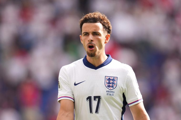 BARCELONA, SPAIN - JUNE 07: Curtis Jones of England looks on during the FIFA World Cup 2026 European Qualifier match between Andorra and England at RCDE Stadium on June 07, 2025 in Barcelona, Spain. (Photo by Alex Caparros - The FA/The FA via Getty Images)