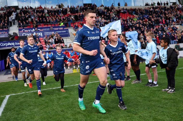 SALFORD, ENGLAND - APRIL 19: George Ford of Sale Sharks runs out prior to the Gallagher PREM match between Sale Sharks and Saracens at CorpAcq Stadium on April 19, 2026 in Salford, England. (Photo by Lewis Storey/Getty Images for Sale Sharks)